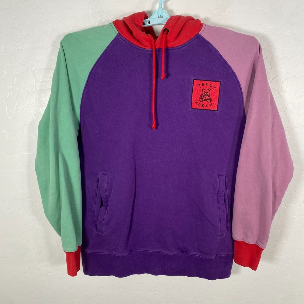Teddy Fresh Hoodie Mens Medium‎ Purple Colorblock Bear Pullover Sweatshirt